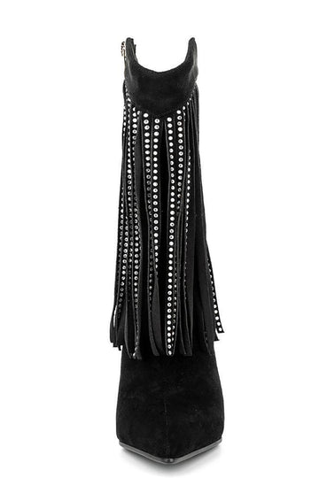 Svart semsket skinn Rhinestone frynsede stiletthæler ankelstøvler